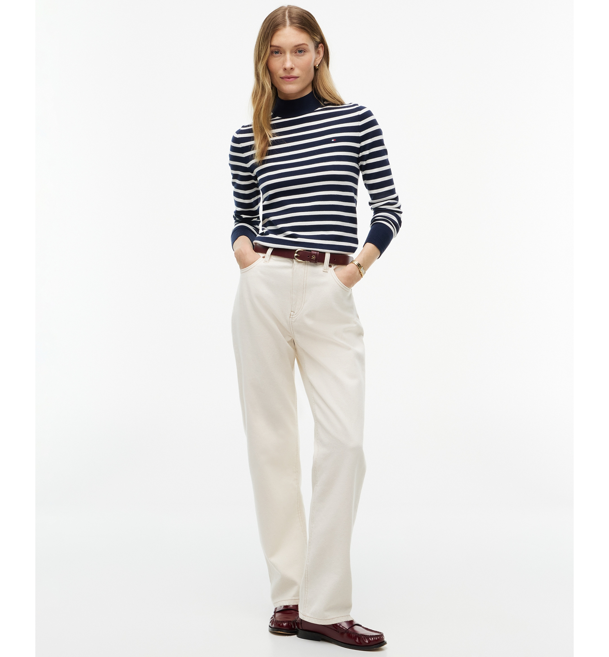 Tommy Hilfiger Women's Mock Neck Long-Sleeve Slim-Fit Sweater - Stripe Dark Blue / Ecru