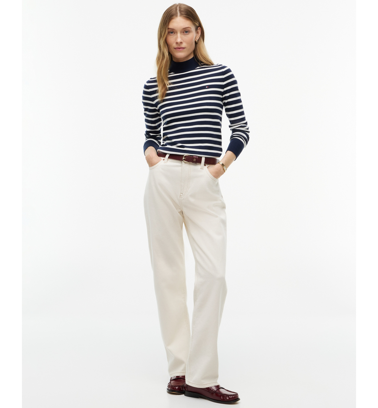 Tommy Hilfiger Women's Mock Neck Long-Sleeve Slim-Fit Sweater - Stripe Dark Blue / Ecru