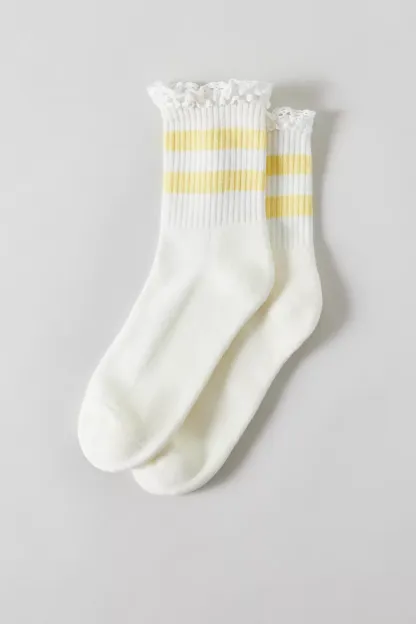 Lace-Trim Striped Athletic Socks - Cream + Yellow Stripes
