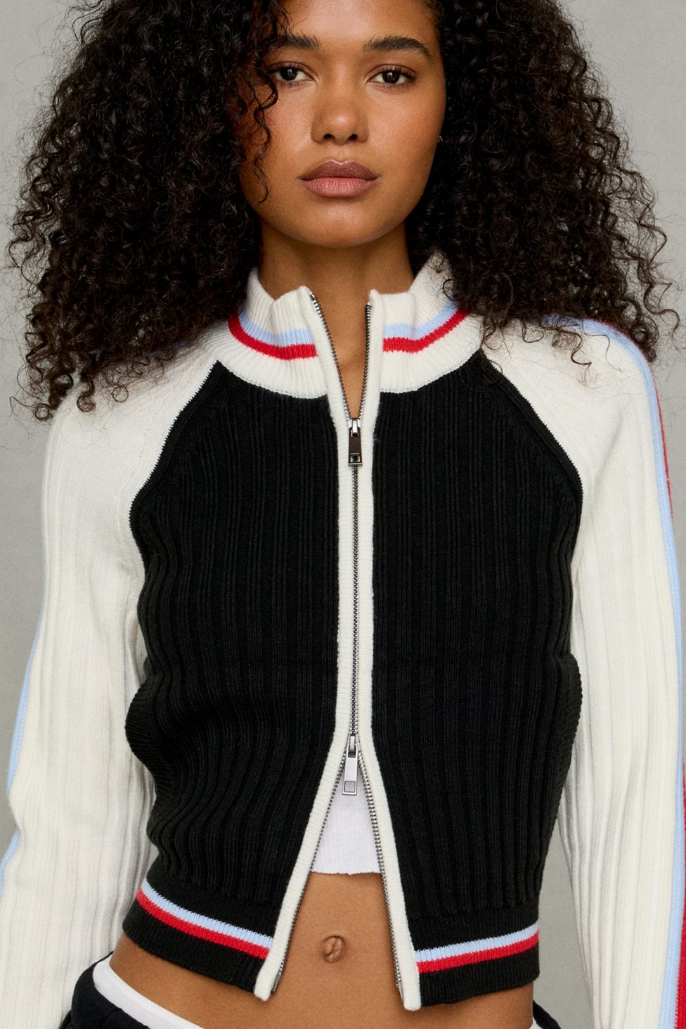 BDG Ruby Ribbed Knit Mockneck Zip-Up Cardigan - Black Multi