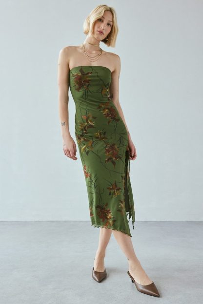 UO Samara Mesh Strapless Midi Dress - Floral Multi