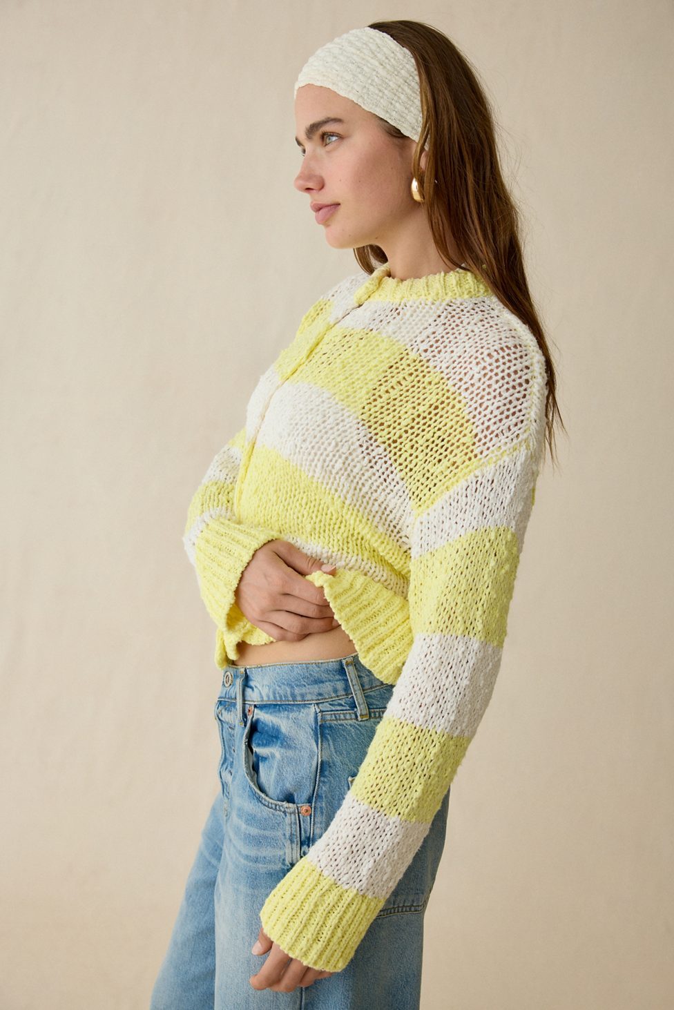 BDG Bridget Cotton Slub Knit Oversized Cardigan - Yellow Multi