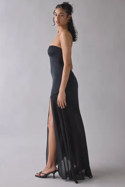 UO Sky High Sheer Illusion Asymmetric Maxi Dress - Black