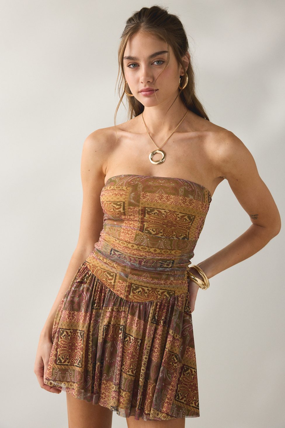 UO Modern Mesh Basque Waist Strapless Mini Dress - Gold
