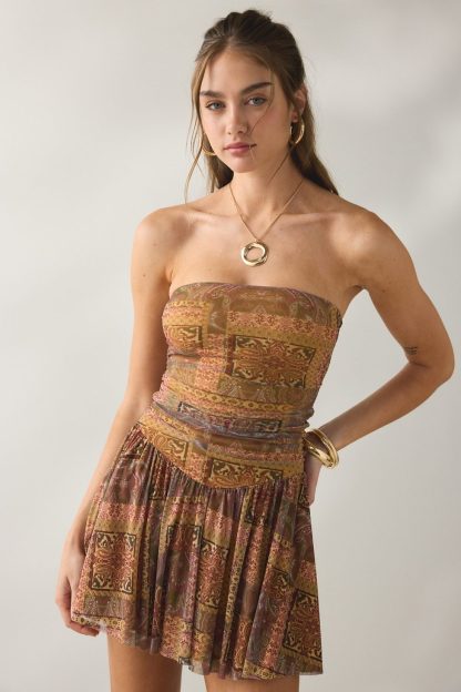 UO Modern Mesh Basque Waist Strapless Mini Dress - Gold