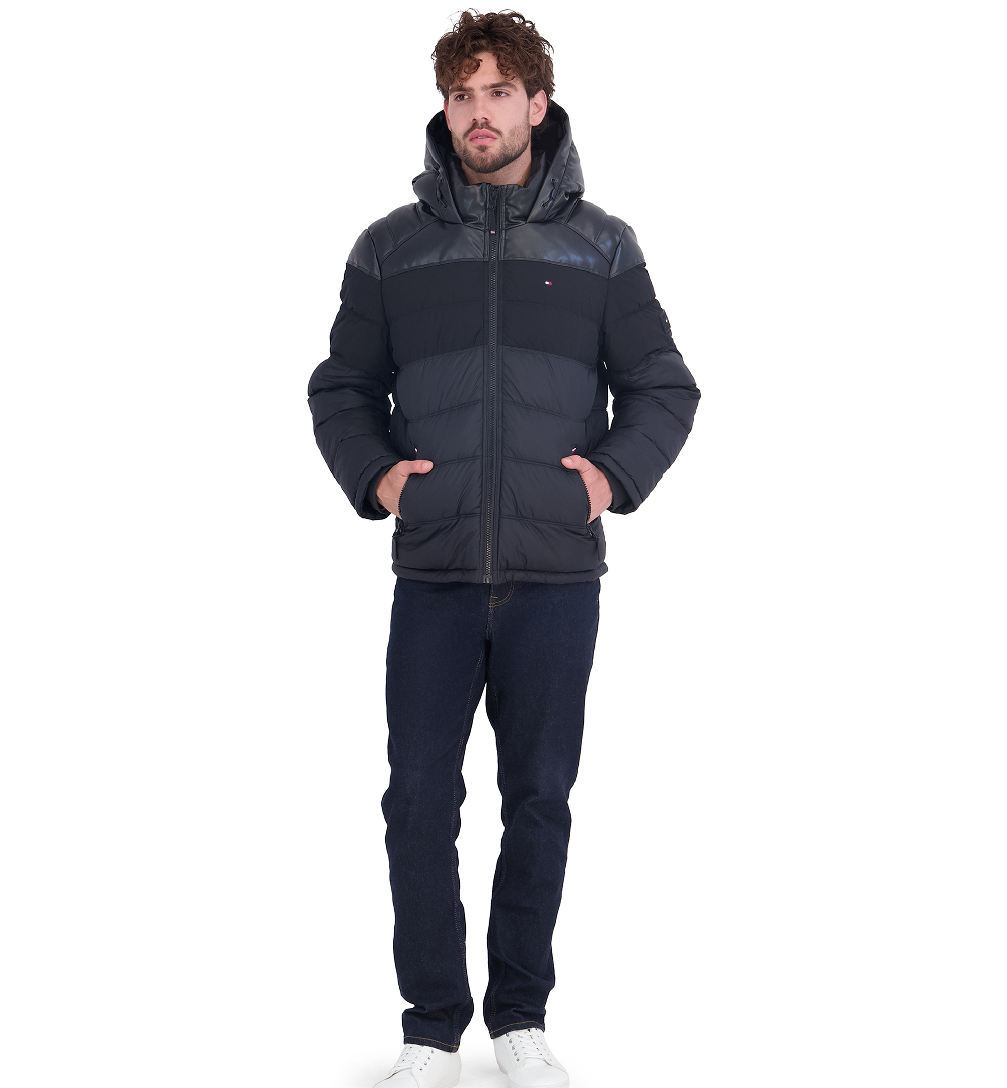 Tommy Hilfiger Men's Hooded Puffer Jacket - Black Pu Blocked