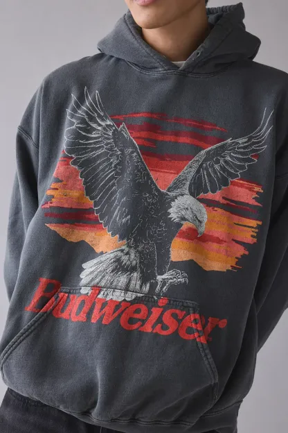 Budweiser Eagle Graphic Hoodie Sweatshirt - Washed Black