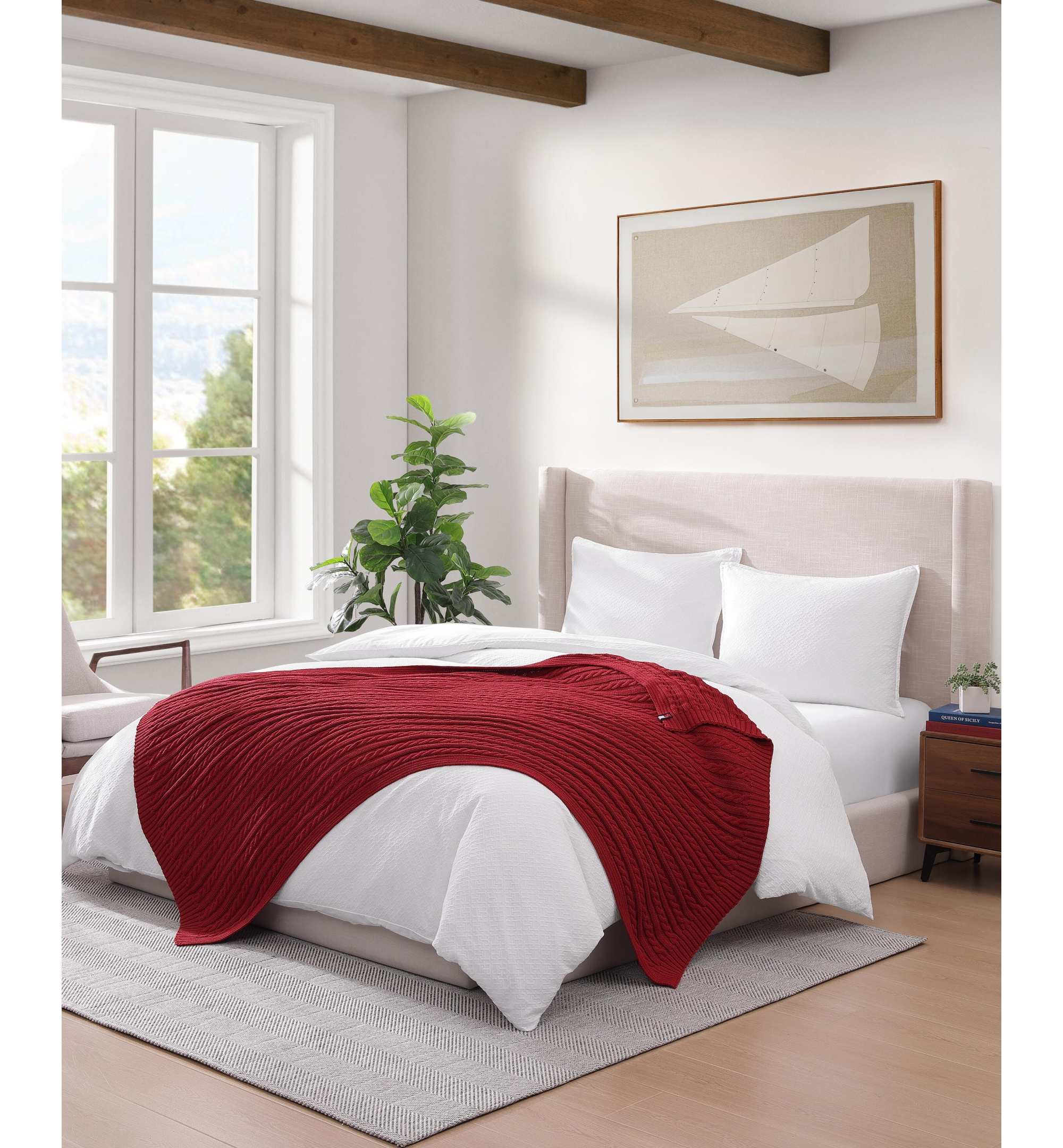Tommy Hilfiger Solid Cotton Cable Knit Throw, 70" x 50" - Dark Red