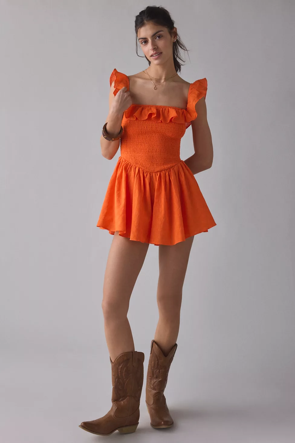 Kimchi Blue Clementine Smocked Ruffle Romper - Orange