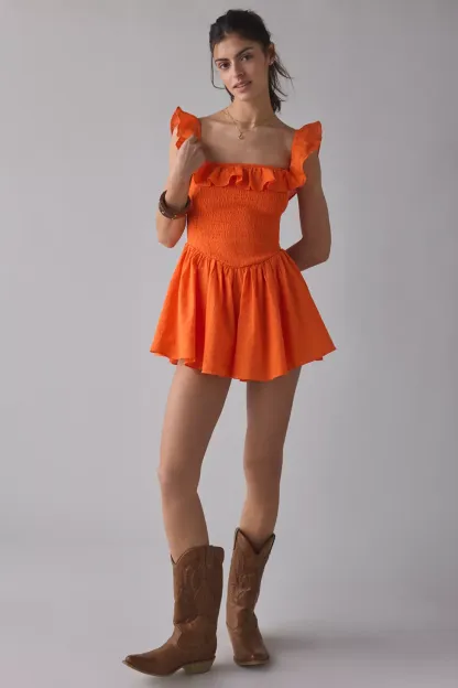 Kimchi Blue Clementine Smocked Ruffle Romper - Orange