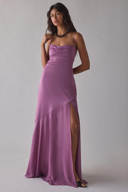 UO Sky High Sheer Illusion Asymmetric Maxi Dress - Purple