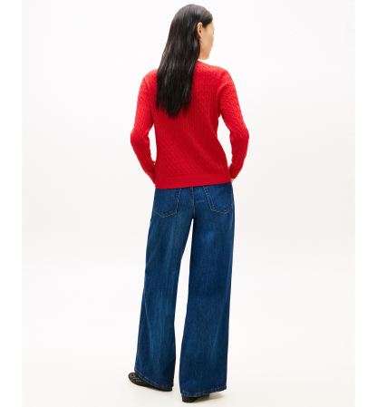 Tommy Hilfiger Women's Cable Knit Crew Neck Cardigan Sweater - Primary Red