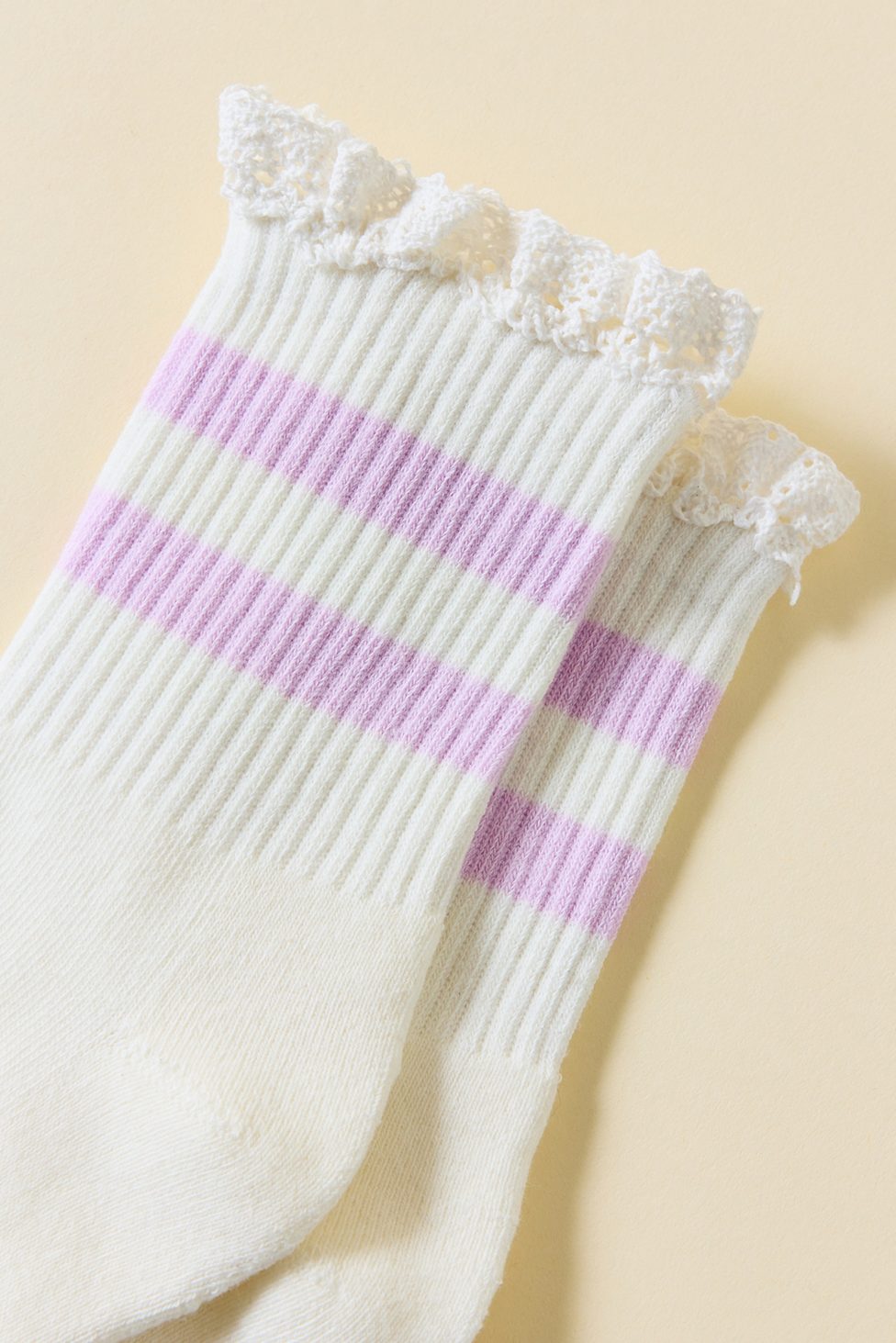 Lace-Trim Striped Athletic Socks - Cream + Lilac Stripes