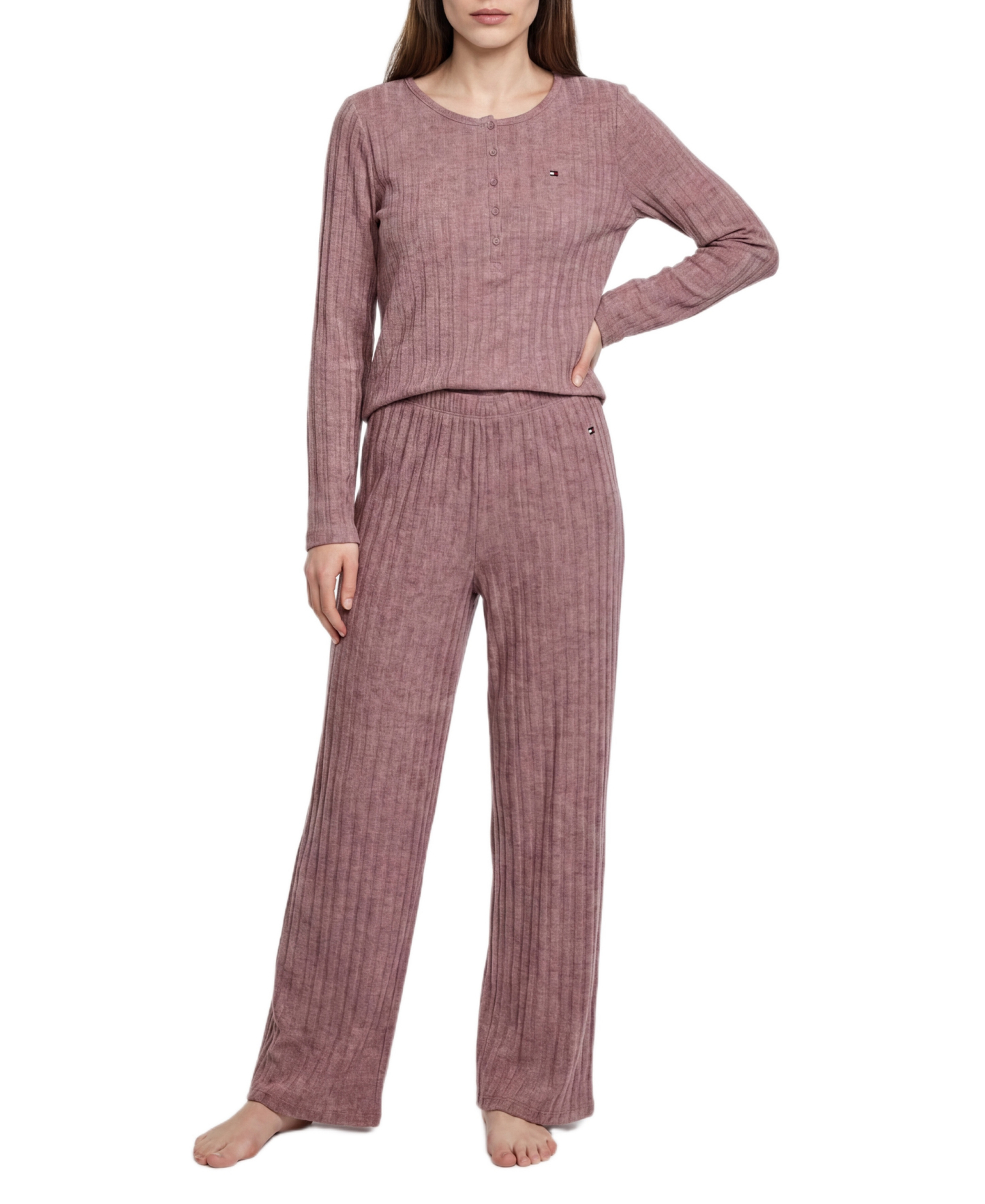 Tommy Hilfiger Women's Long-Sleeve Wide-Leg Cable-Jacquard Henley Top and Pant, 2-Piece Pajama Set - Rose Brown