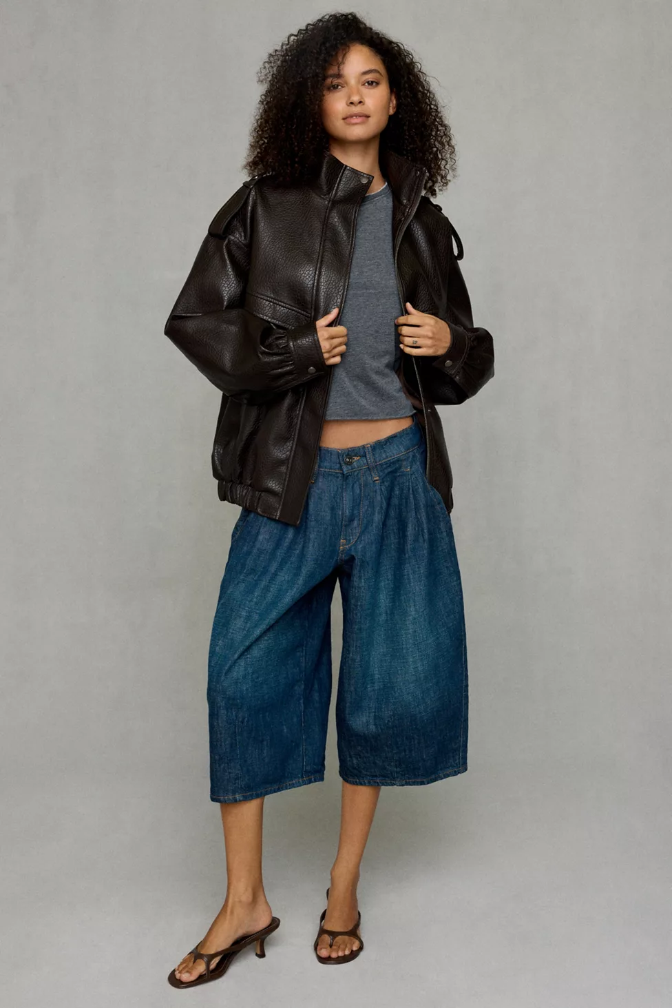 Azalea Wang UO Exclusive Narelle Oversized Faux Leather Bomber Jacket - Brown Faux Leather