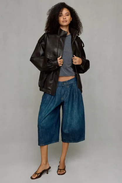 Azalea Wang UO Exclusive Narelle Oversized Faux Leather Bomber Jacket - Brown Faux Leather
