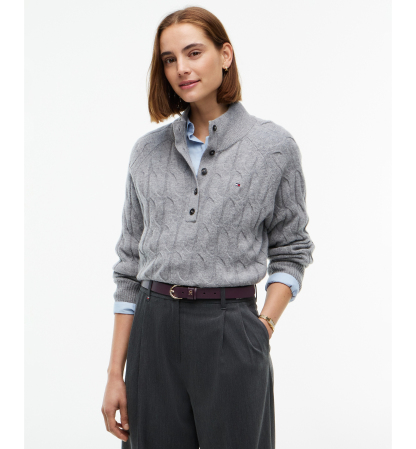 Tommy Hilfiger Women's 100% Wool Cable-Knit Mock Neck Sweater - Medium Grey Heather