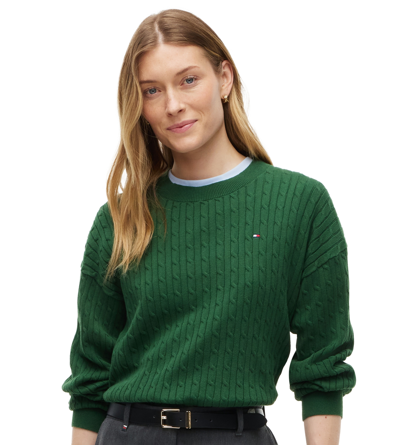 Tommy Hilfiger Women's Fine Gauge Cable-Knit Crewneck Sweater - Deep Evergreen
