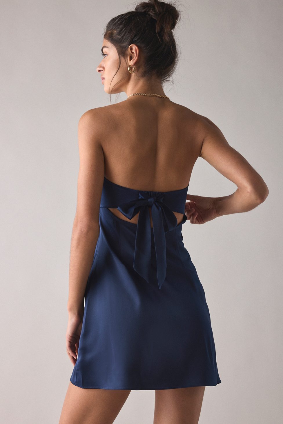 UO Mira Strapless Tie-Back Bow Satin Slip Mini Dress - Navy
