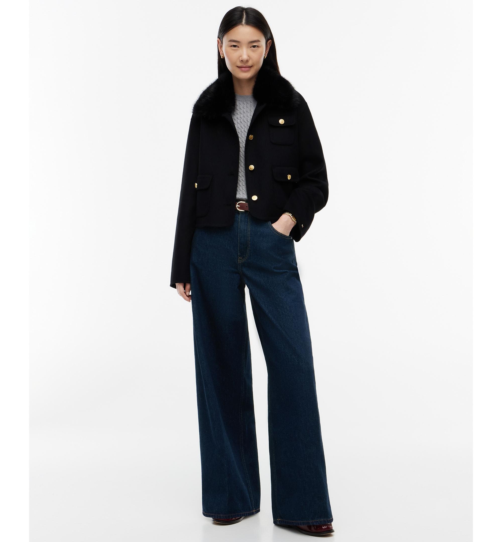Tommy Hilfiger Women's Wool-Blend Cropped Jacket with Faux Fur - Black