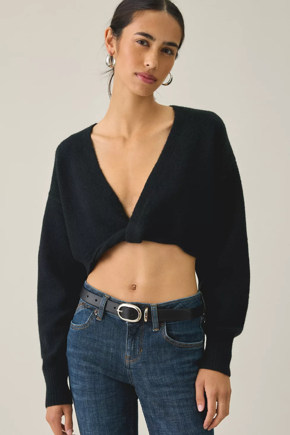 Out From Under Julia Twist Plunging V-Neck Cropped Sweater - Black