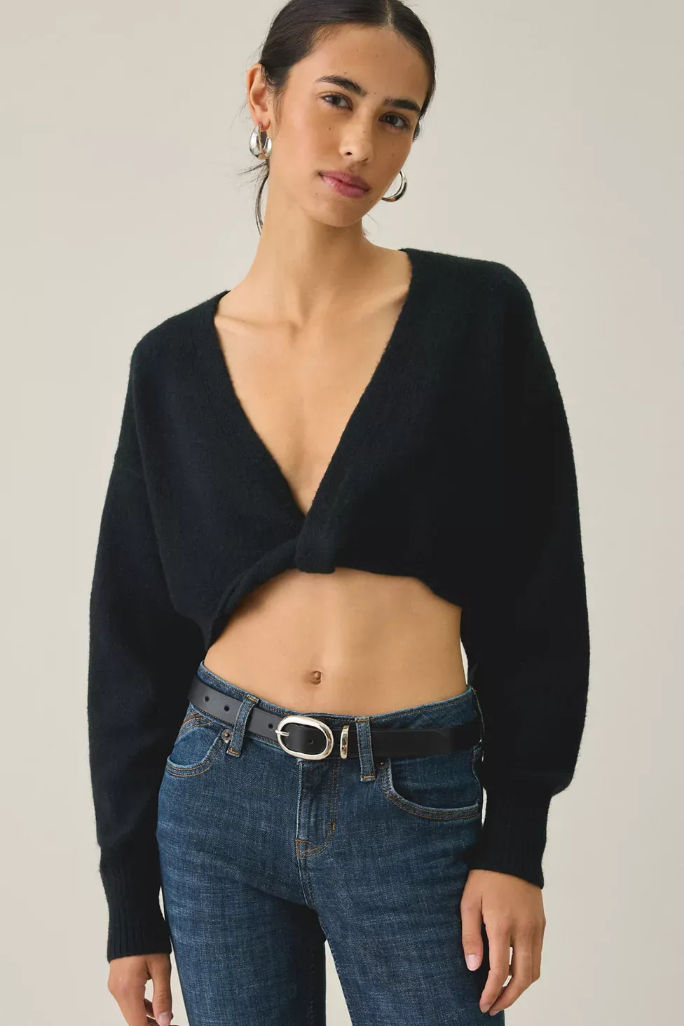 Out From Under Julia Twist Plunging V-Neck Cropped Sweater - Black