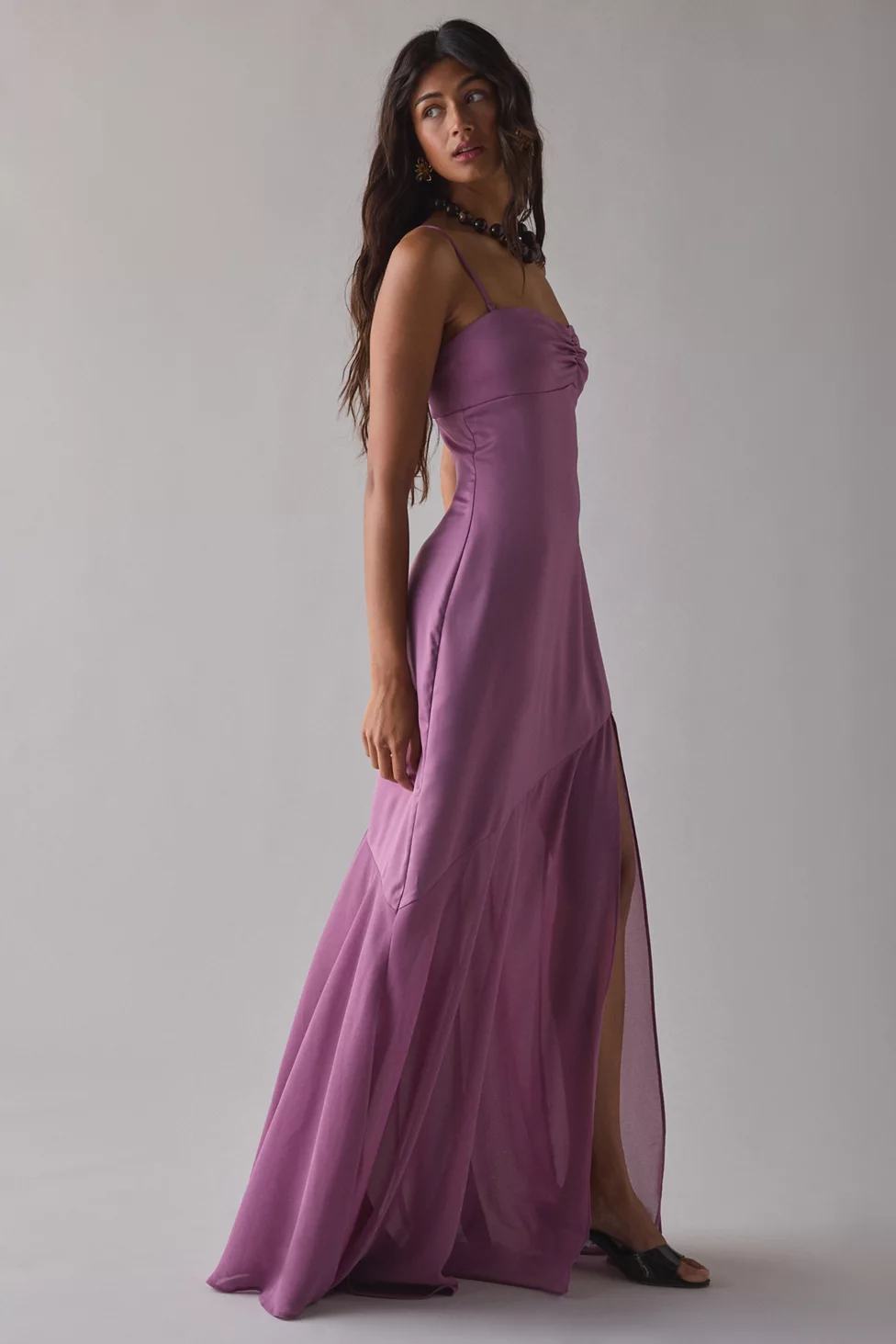UO Sky High Sheer Illusion Asymmetric Maxi Dress - Purple