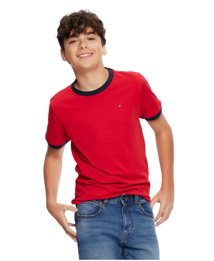 Tommy Hilfiger Boys' 2T-7 Contrast Trim Embroidered Logo Ken T-Shirt - Red