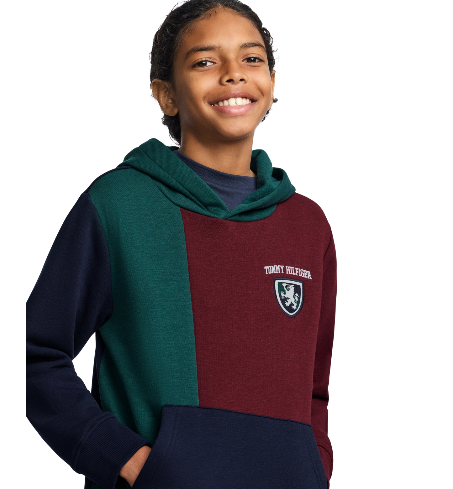 Tommy Hilfiger Boys' 8-20 Griffin Badge Colorblock Kangaroo Pocket Pullover Hoodie - June Bug