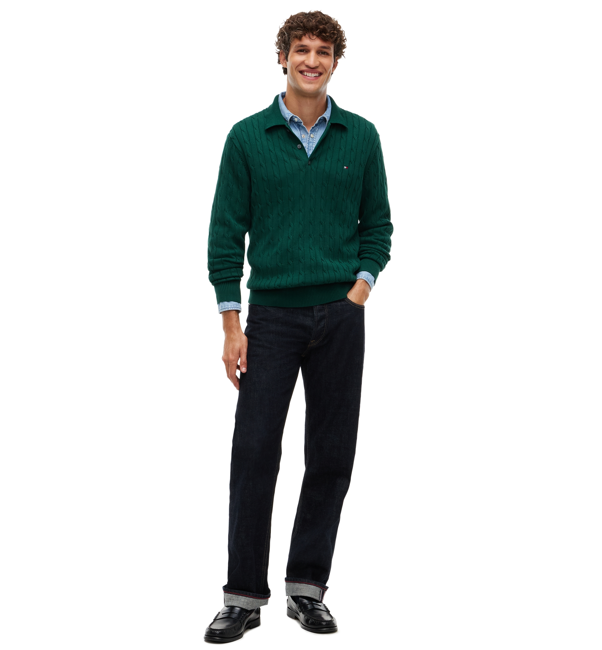 Tommy Hilfiger Men's Classic Cotton Cable-Knit Regular-Fit Sweater Polo - Ivory Petal