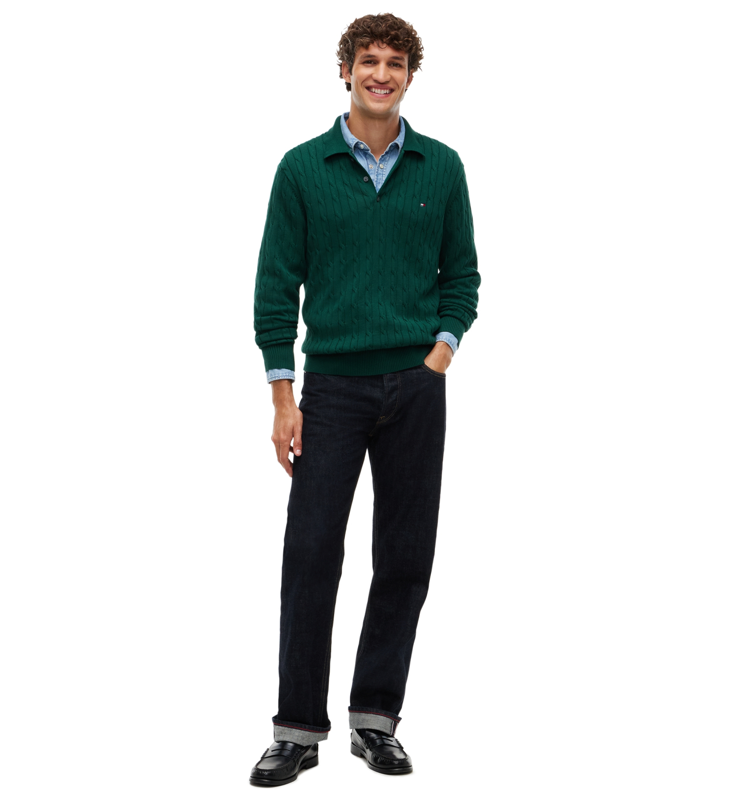 Tommy Hilfiger Men's Classic Cotton Cable-Knit Regular-Fit Sweater Polo - Ivory Petal