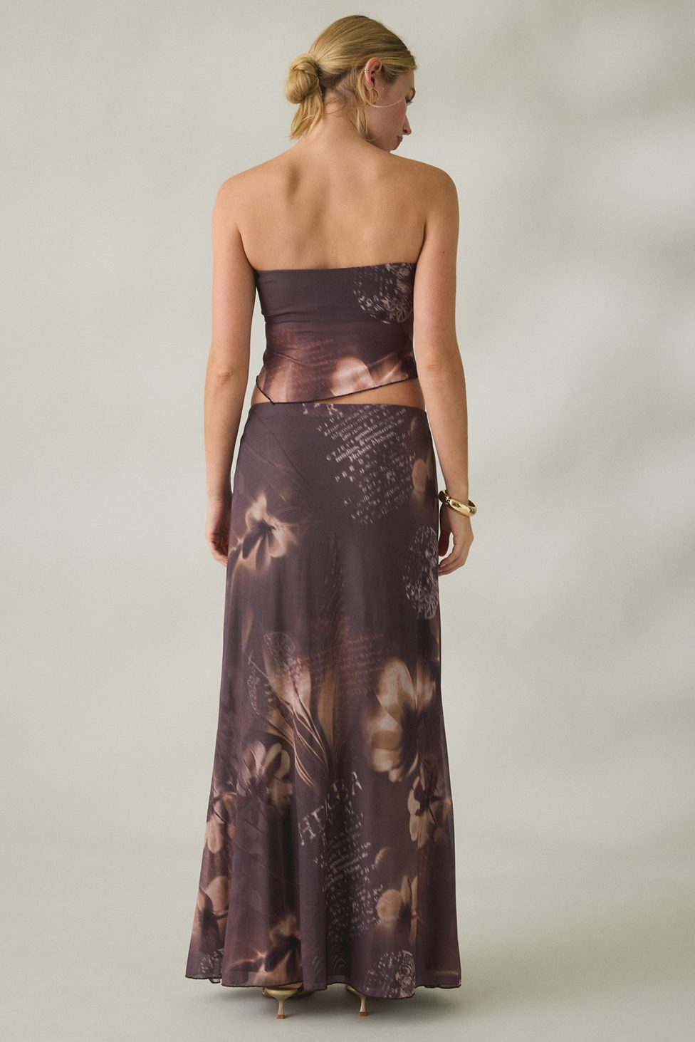 UO Shimmer Haze Printed Mesh Skirt 2-Piece Set - Brown