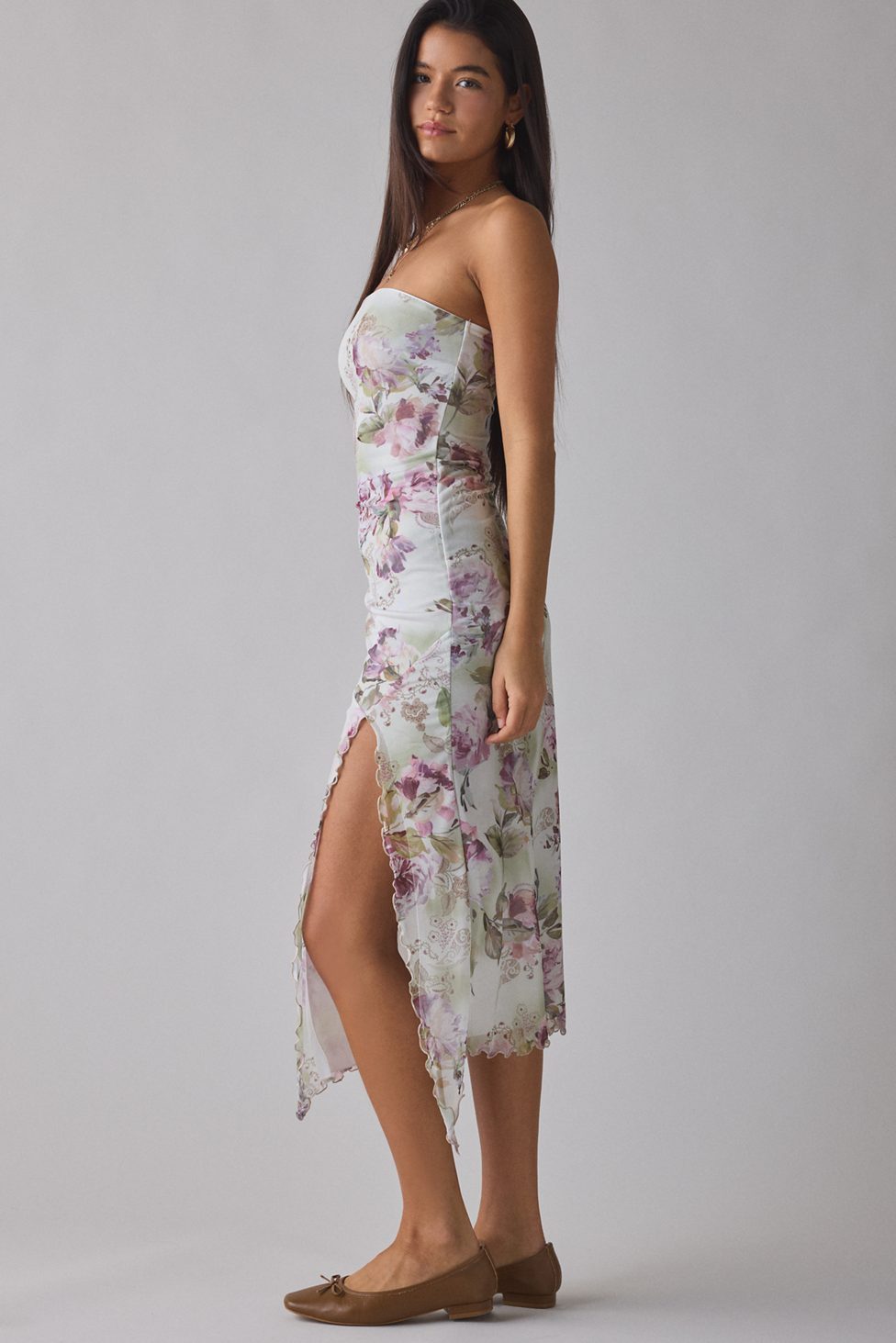 UO Samara Mesh Strapless Midi Dress - Beige Floral