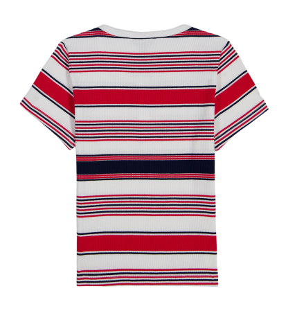 Tommy Hilfiger Girls' 7-16 Striped Ribbed Short-Sleeve Top - White/Navy/Red