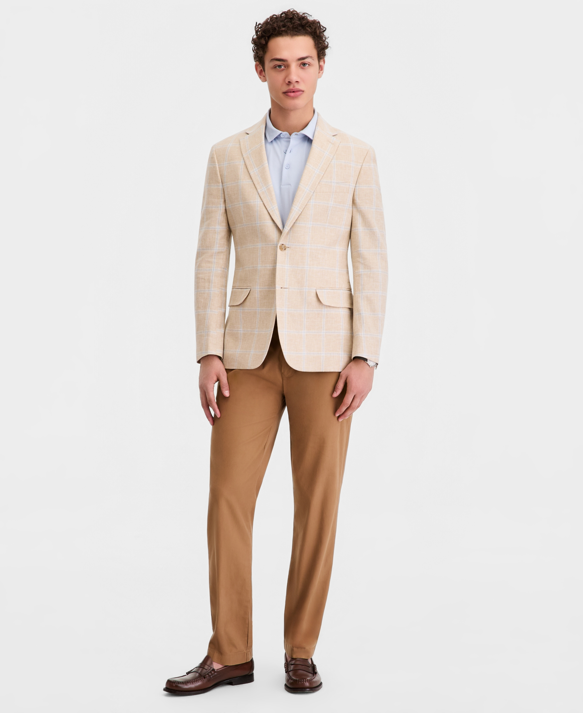 Tommy Hilfiger Men's Modern-Fit Linen-Blend Windowpane Sport Coat - Tan/blue
