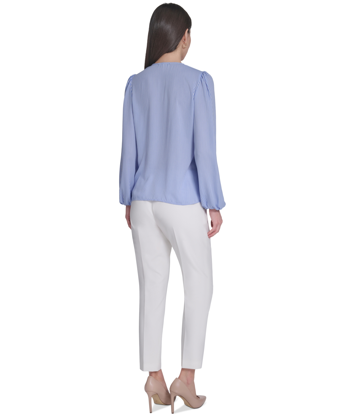Tommy Hilfiger Women's V-Neck Striped Ruffle Blouse - French Blue/Ivory