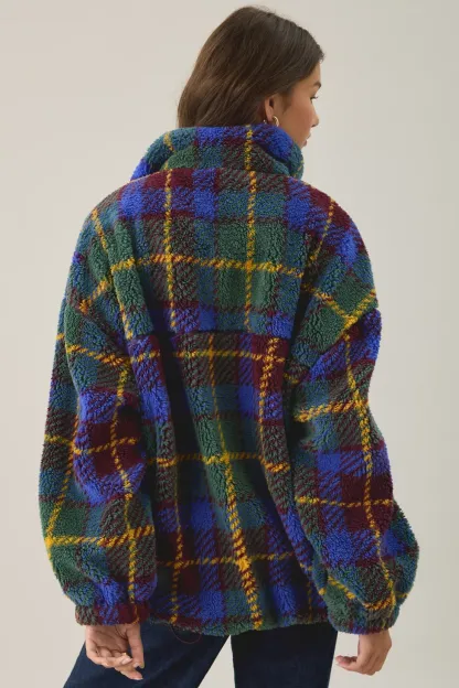 BDG Mae Printed Piled Fleece Zip-Up Jacket - Green Multi