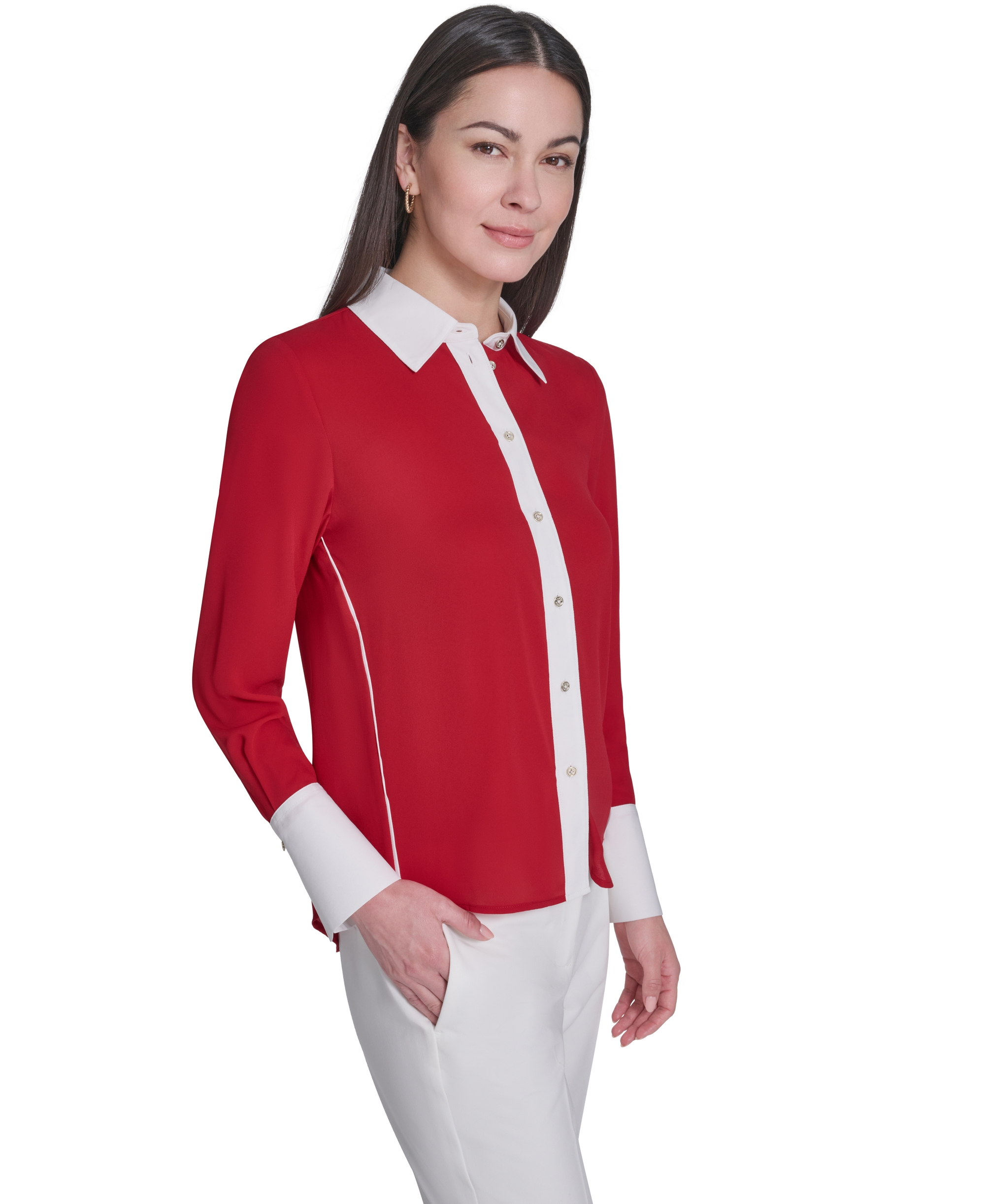 Tommy Hilfiger Women's Slim-Fit Button-Up Top - Scarlet/Ivory