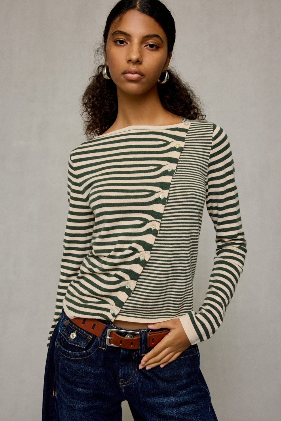 BDG Sutton Slanted Asymmetric Button Cardigan - Neutral Multi