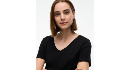 Tommy Hilfiger Women's Rib Slim V-Neck Short-Sleeve T-Shirt - Black