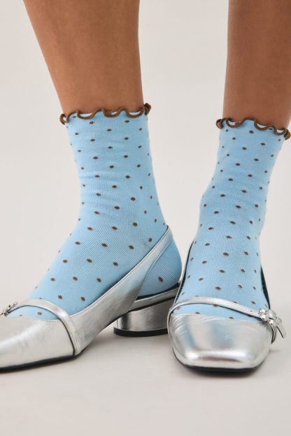 Out From Under Lettuce-Edge Polka Dot Socks - Blue + Brown Polka Dot