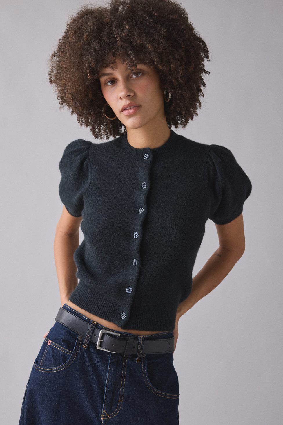 Kimchi Blue Kate Puff Short Sleeve Cardigan - Black