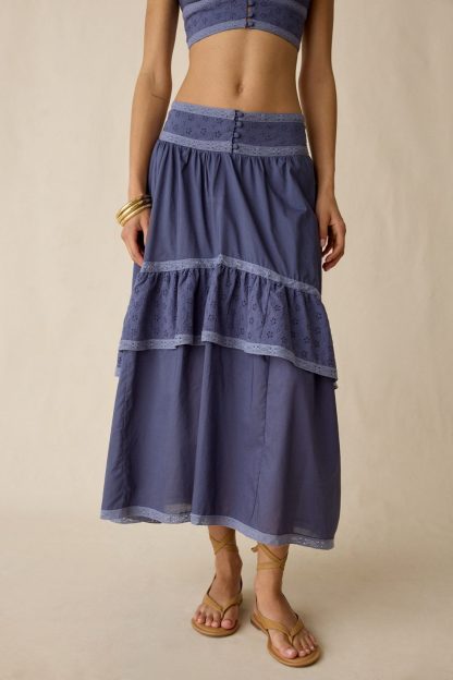Kimchi Blue Seaside Splash Ruffle Lace Trim Midi Skirt 2-Piece Set - Navy