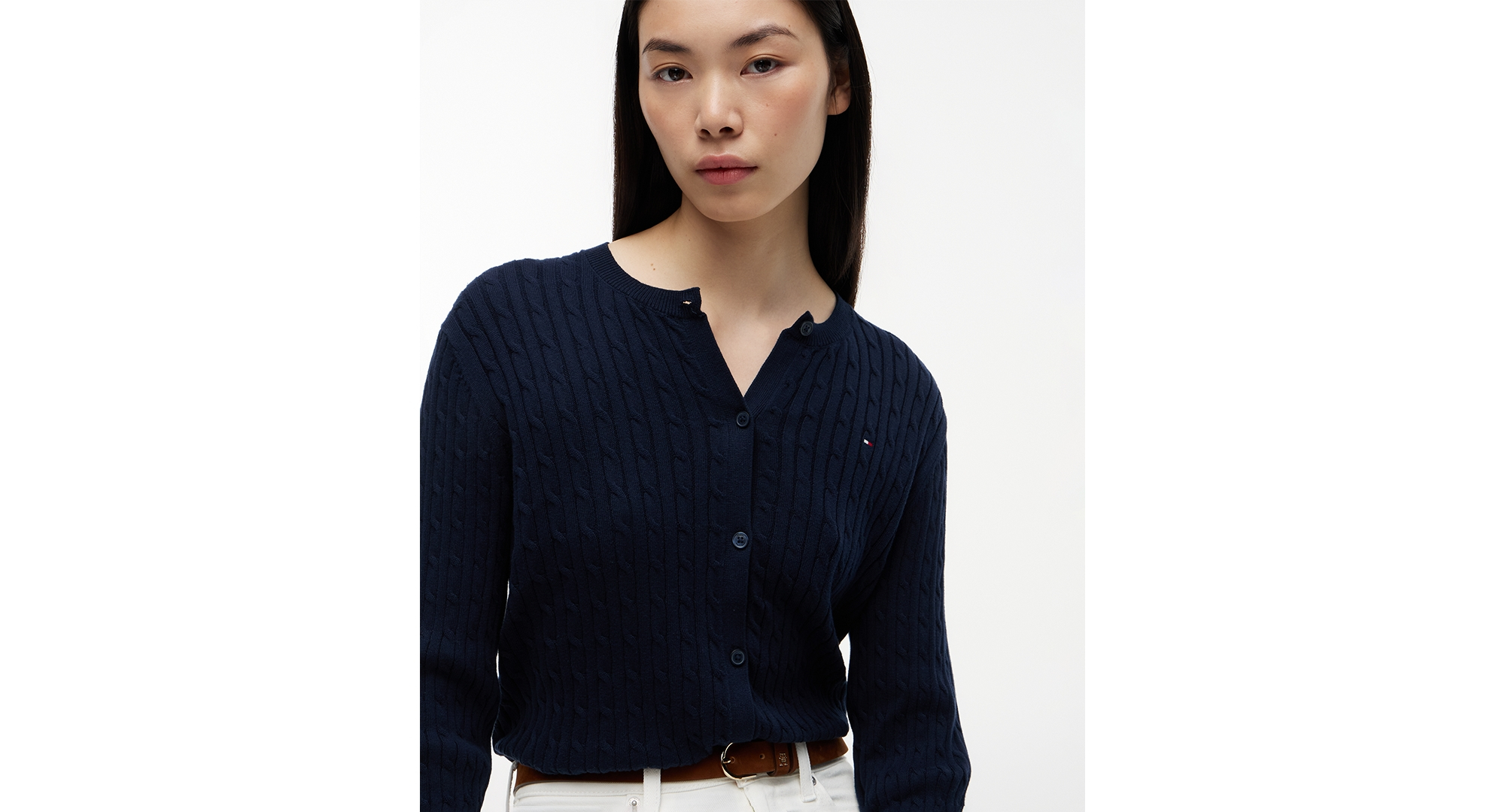 Tommy Hilfiger Women's Cable Knit Crew Neck Cardigan Sweater - Dark Night Navy
