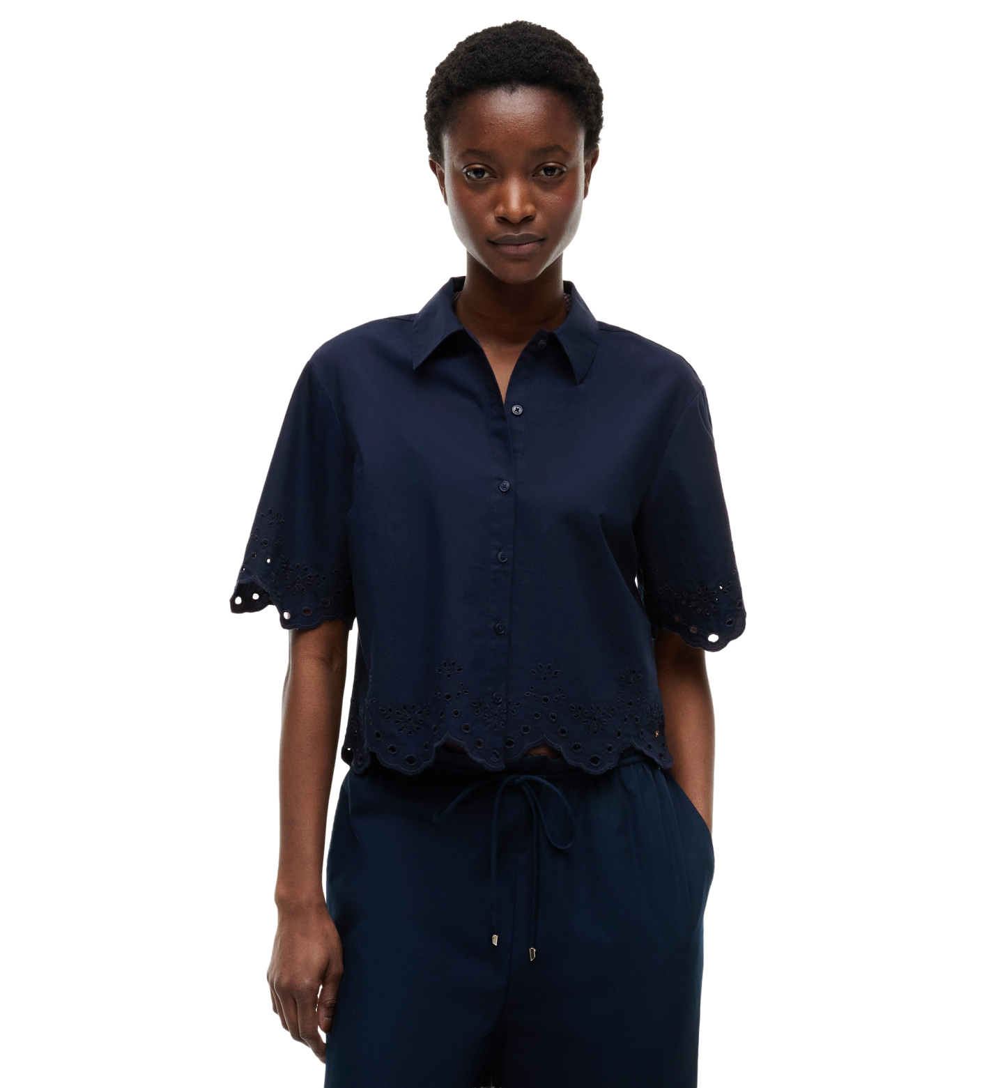 Tommy Hilfiger Women's Broderie Short-Sleeve Cotton Shirt - Dark Night