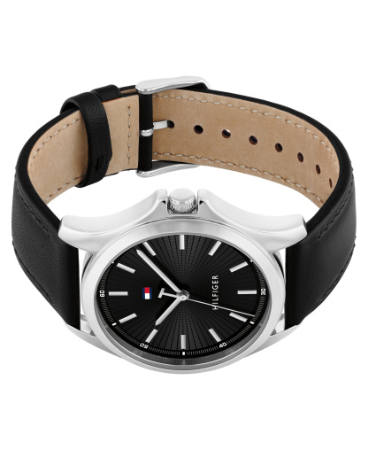Tommy Hilfiger Quartz Black Leather Strap Watch 42mm - Black