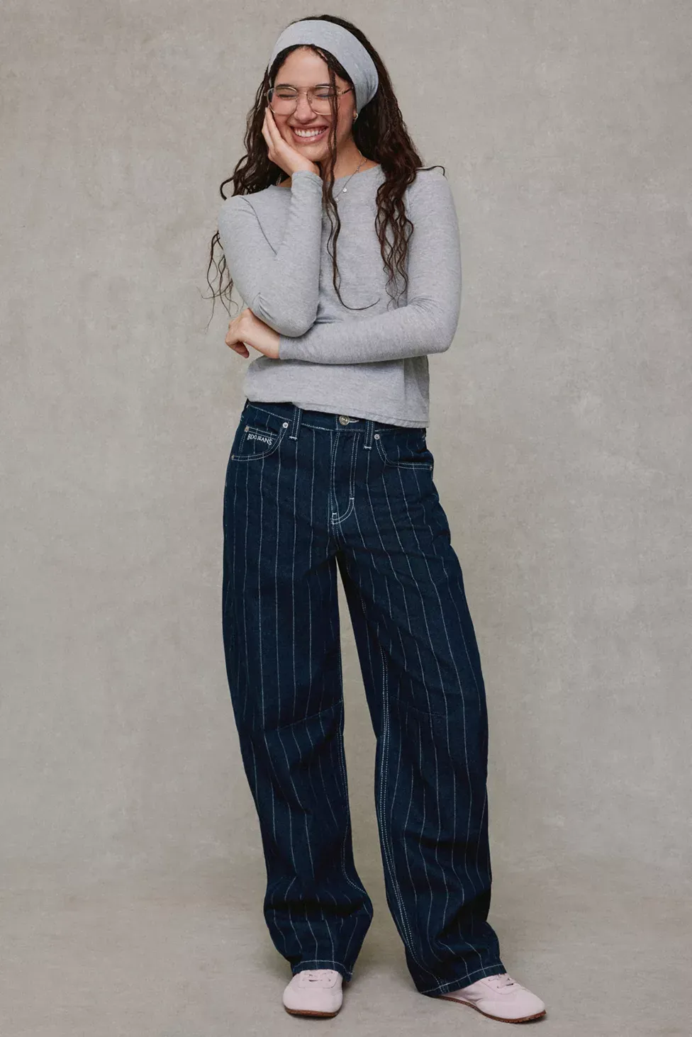 BDG Logan Printed Buckle Baggy Barrel Jeans - Tinted Pinstripe