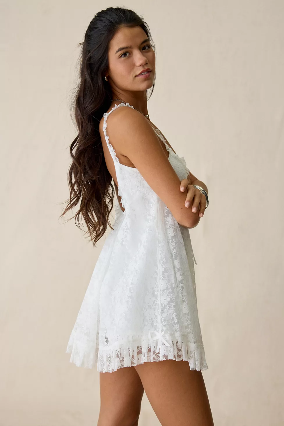 UO Primrose Lace Babydoll Romper - Ivory