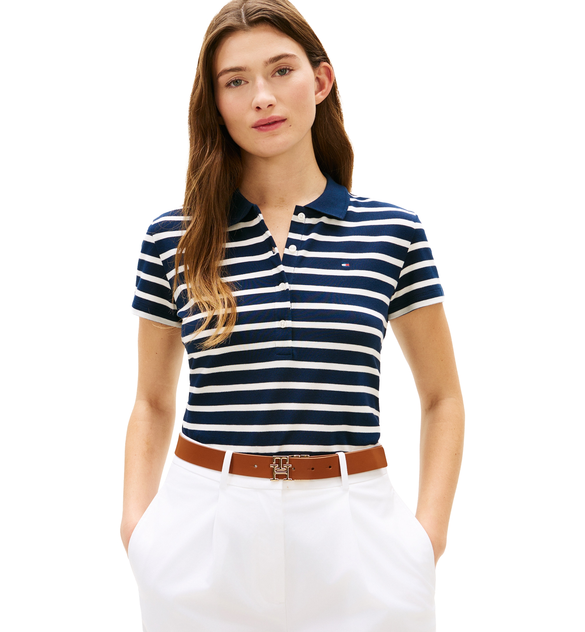 Tommy Hilfiger Women's Classic Pique Short-Sleeve Polo T-Shirt - Dark Night Navy/Ecru Stripe