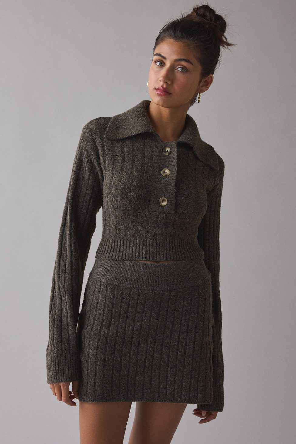 BDG Avery Cable Knit Sweater Skirt 2-Piece Set - Brown